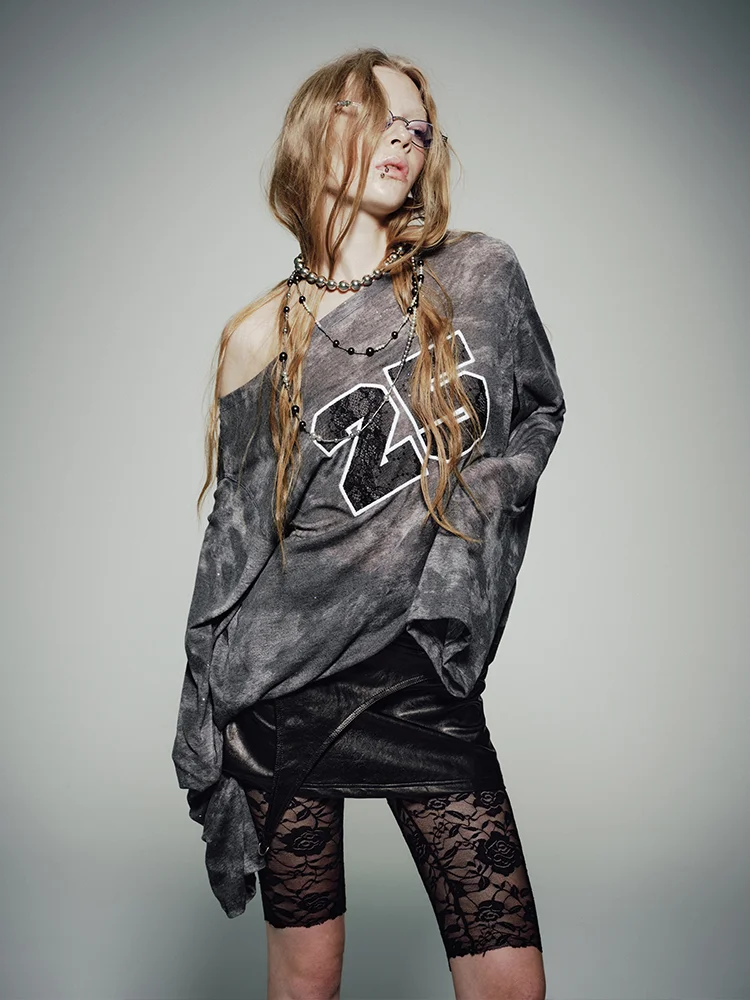 

Original NCN Long Sve T-irt iny Sequins Double-Sided Wear Base Layer Flaing oulders Loose Fit Casual Women Top