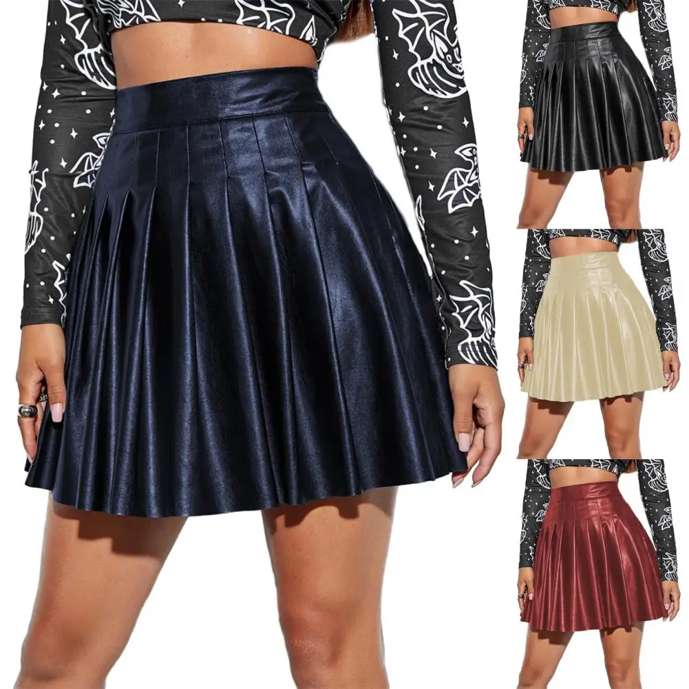 فوق الركبة طول تنورة صغيرة 2025 المرأة مطوي تنورة فو الجلود عالية الخصر ألف خط فضفاض هيم كلوبوير تنورة رقص الحفلات