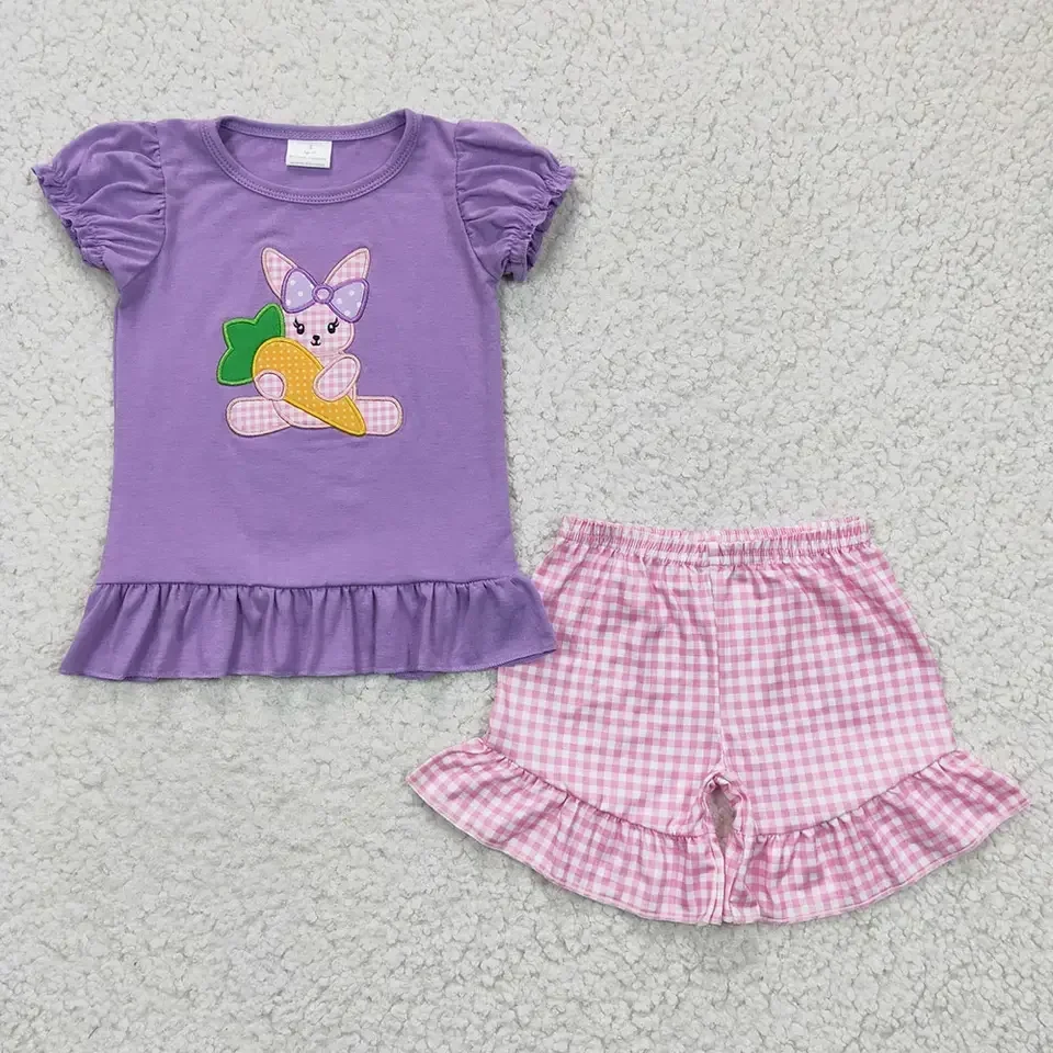 

Girls Easter cute rabbit purple short sleeve shorts summer two-piece set wholesale