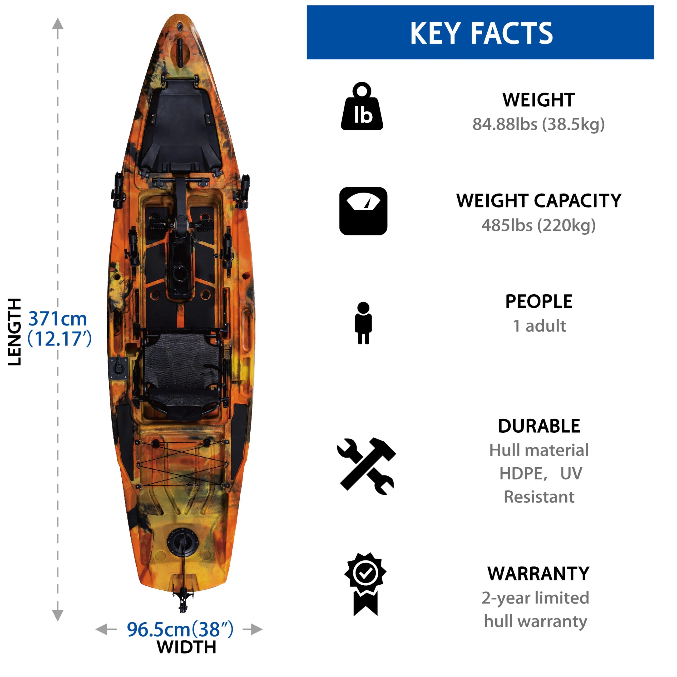 New Design 3.7m 12ft Hard Plastic Kayak Pedal Drive System 96.5 Width One Person Capacity For Ocean Fishing HDPE Hull Material