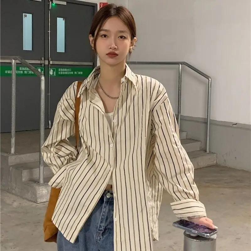 Shirts Women Striped Loose Chic Vintage Basic American Style Casual Lapel Streetwear Spring Temper Simple Clothes New All-match