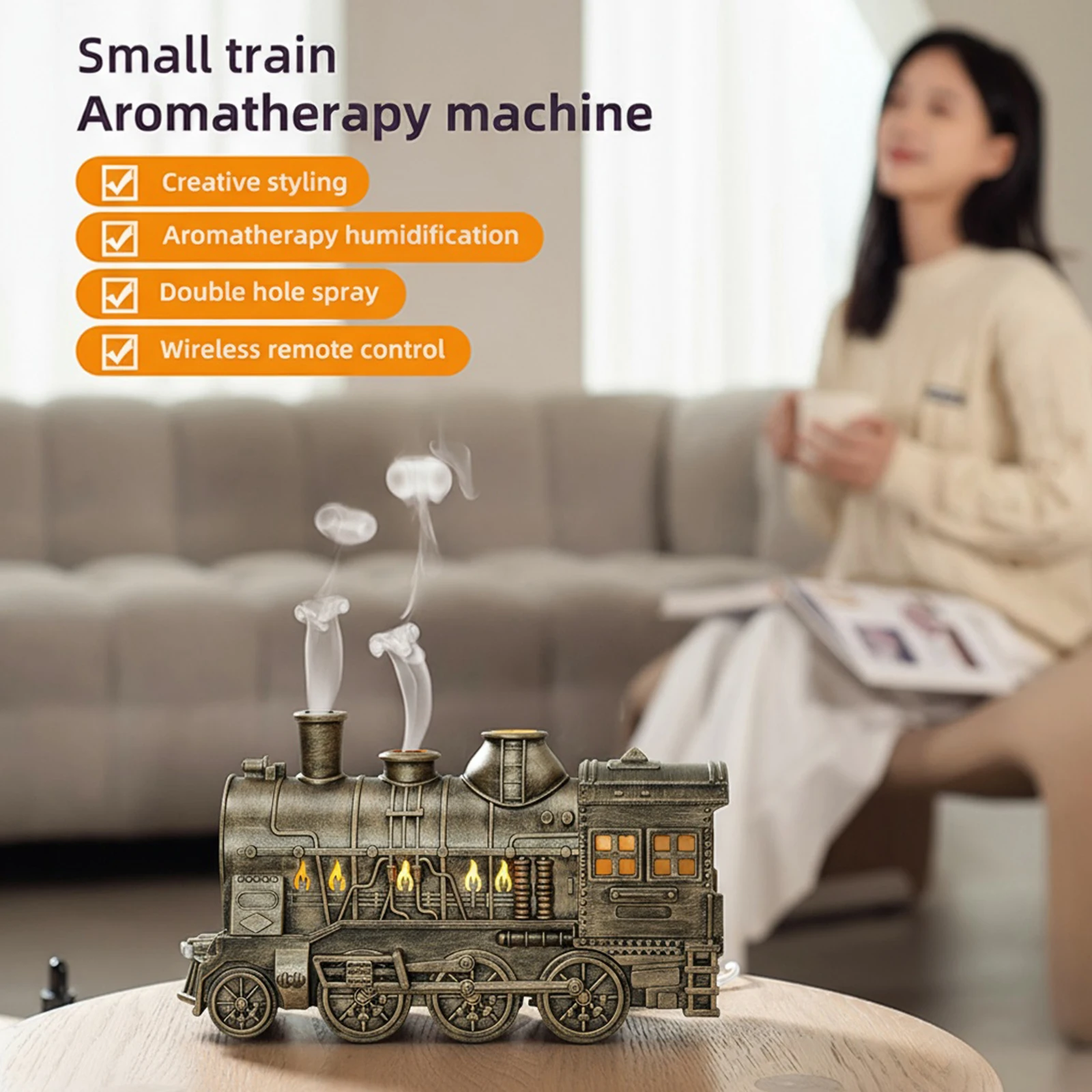 

2 Mist Modes 2-Color LED Auto Shut-Off Bronze Vintage Steam Train Air Diffuser Aromatherapy Diffuser for Relaxation Home Decor