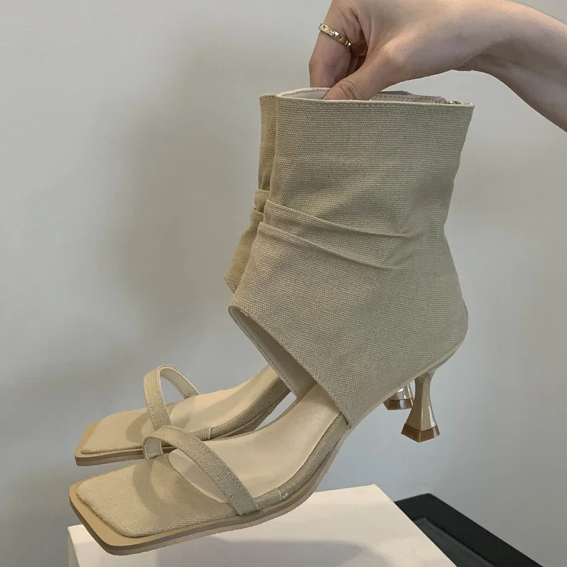 

Design Hollow Out Zipper Women Ankle Boots Sandals Fashion Square Toe Thin Low Heels Ladies Shoes Zapatos De Mujer