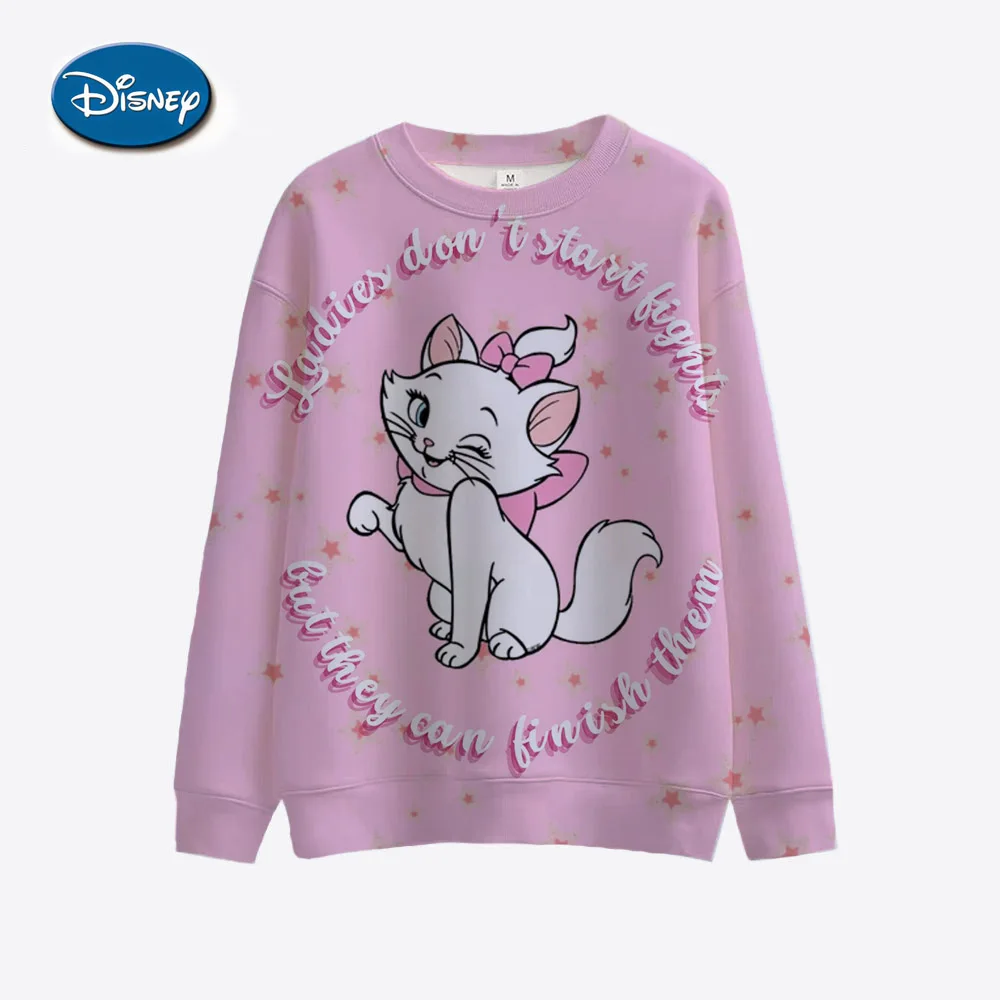 Disney Mary Cat Cartoon Printed Women\'s Sports Shirt Long Sleeve Round Neck Pattern Hoodie Couple Valentine\'s Day Gift Women\'s W