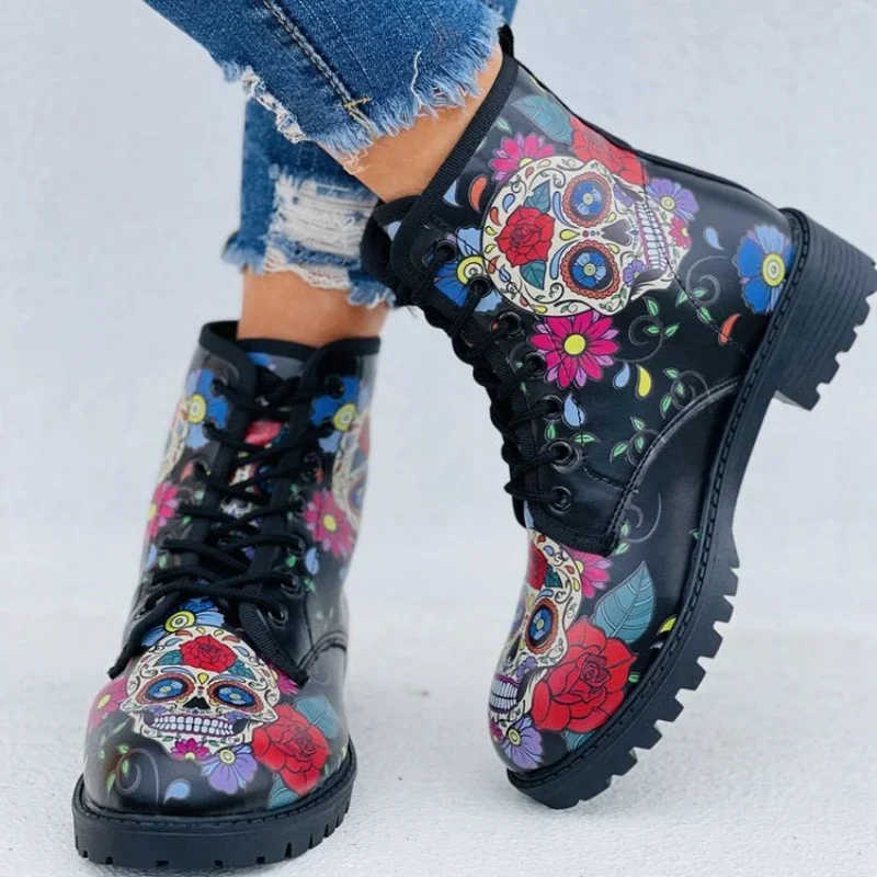 Digital Print Autumn Lady High Top Skull Pattern Boot 2024 British PU Women's Fashion Tooling Boots Outfdoor Woman Ankle Booties