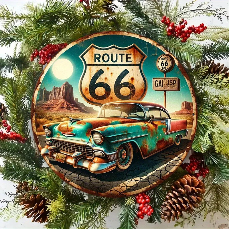 Vintage Route 66 Metal Wall Art Sign - 8x8 Inch Retro Americana Decor with Classic Car & Desert Scene - Rustic Tin Plaque for Ho view 5