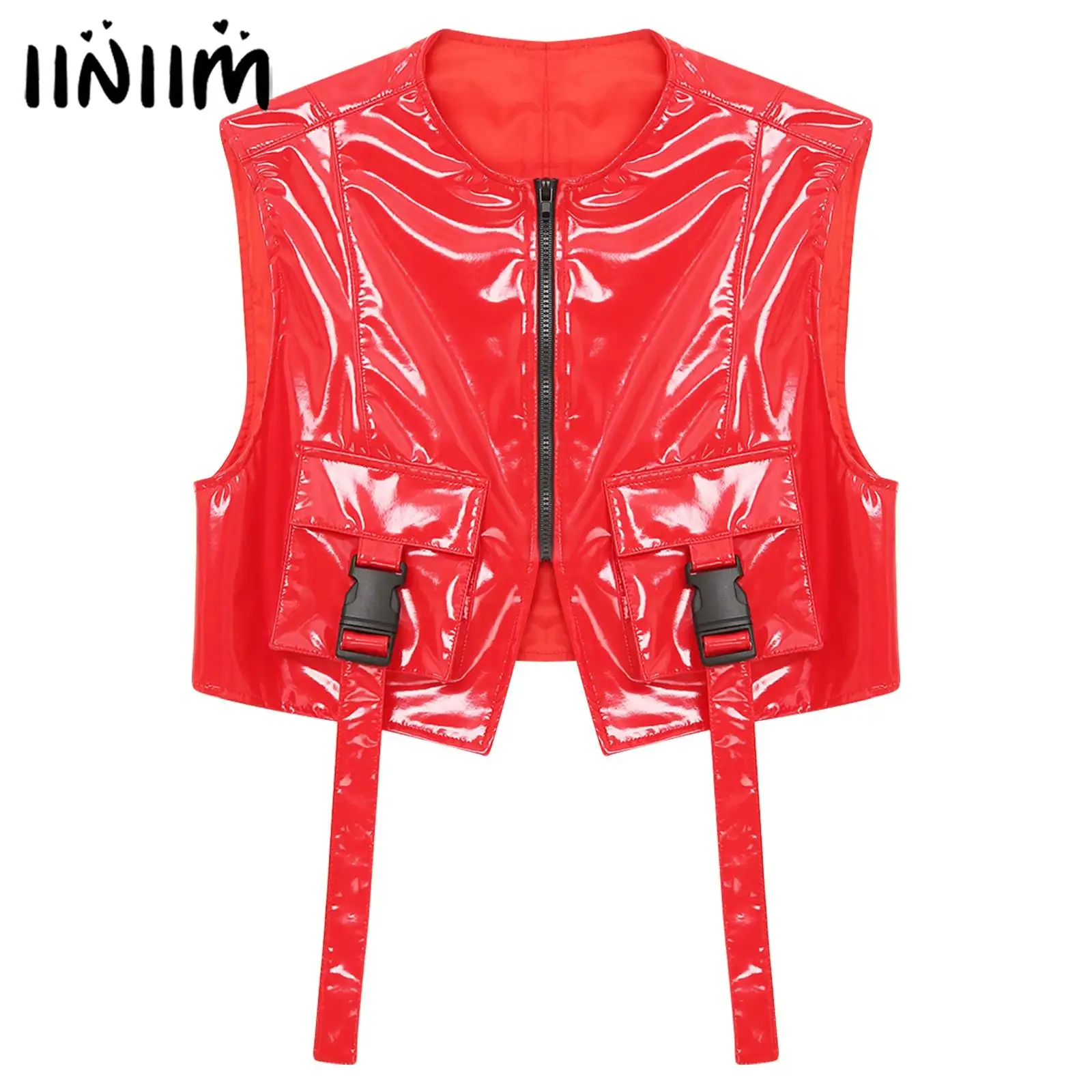 Womens Metallic Buckle Zip Up Jacket Cargo Tops with Pockets Wet Look Patent Leather Crop Tops Vest Rave Bar Party Clubwear