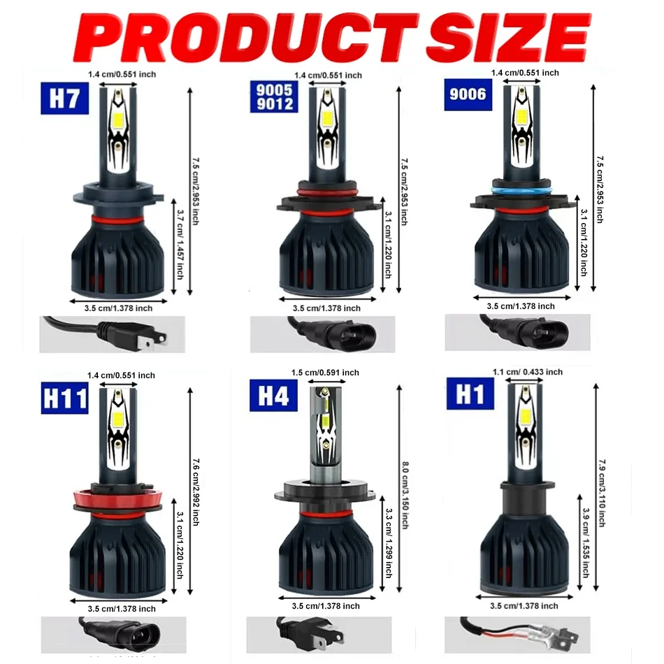 2PCS H7 H4 H1 Car Light Bulbs H11 9005 HB3 9006 HB4 9012 HIR2 H8 H9 LED Headlamp STG PTF Hi/Lo Beam Fog Light 6000K 12V 1:1 MINI view 6