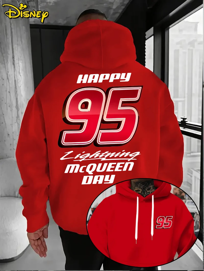 سترة ديزني - سترة بقلنسوة للرجال بنمط الرسوم المتحركة الحمراء 95 للخريف/الشتاء، سترة بقلنسوة فضفاضة بجيب أمامي، مناسبة لملابس غير رسمية