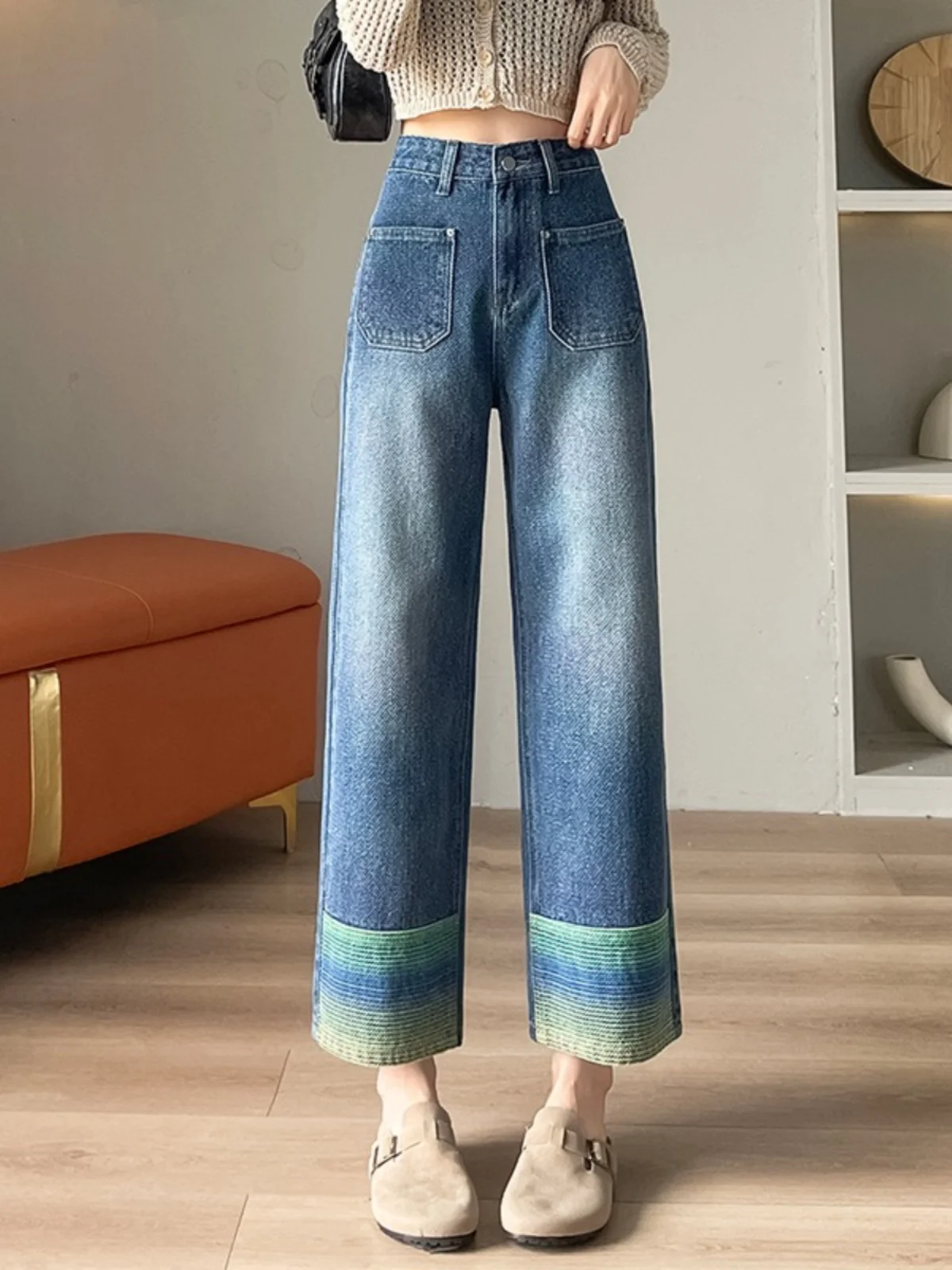 Color Spliced Straight Leg Jeans for Women Spring Autumn Vintage High Waist Design Sense Pocket Loose Pant Women's Wide Leg Pant