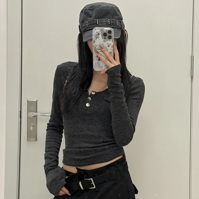 Genayooa Korean Vintage Cotton T Shirt Women Long Sleeve Skinny Y2k American Retro 90s Crop Tops Streetwear Pocket Tee Tops