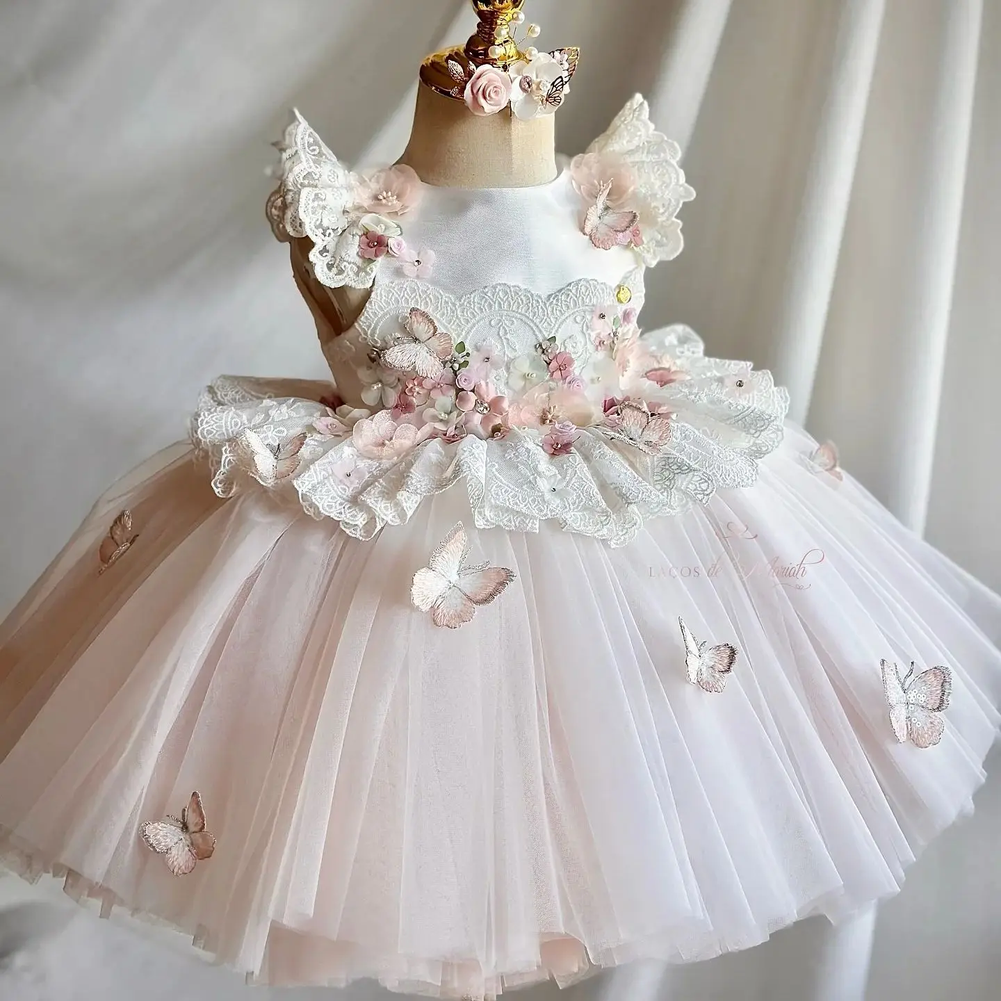 

Butterfly Lace Kids Birthday Dresses Customized Ball Gown Flower Girl Dresses for Wedding Party Baby Girls Prom Gowns