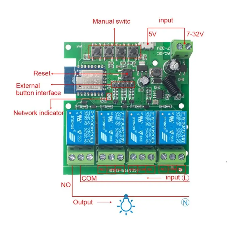 ABRI-Tuya Smart Switch 4CH Tuya Wifi Switch DIY Timer AC/DC 7-32V 4CH RF Smartlife Home Automation Module For Alexa Google Home
