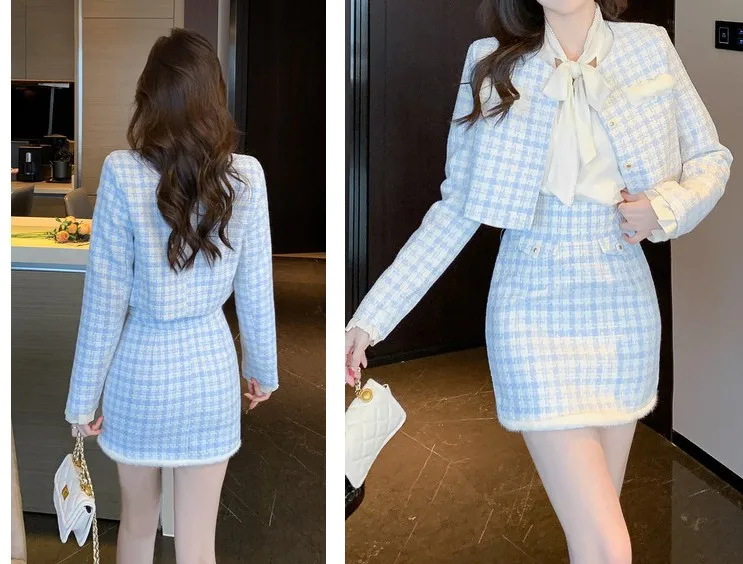 Autumn Fashion Small Fragrant Elegant Blue Plaid Tweed Outfits Women Long Sleeve Short Jacket + Bodycon Mini Skirt 2 Pieces Set