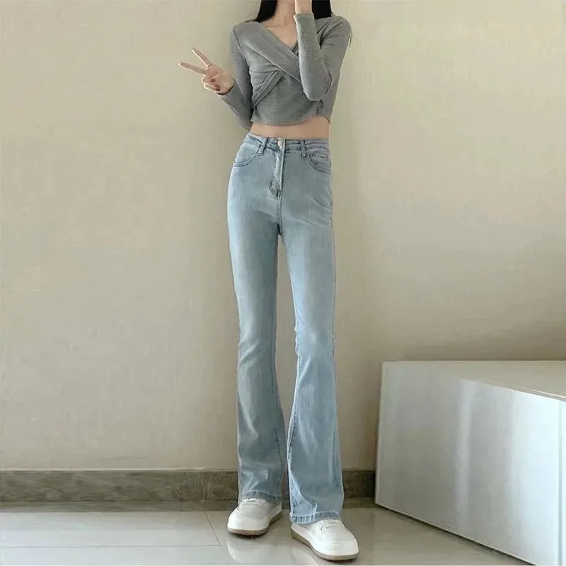 Women Spring Season High-waist Elastic Slim Fit Street Style Straight Crotch Bell Bottoms Summer Cotton Stretch Jeans