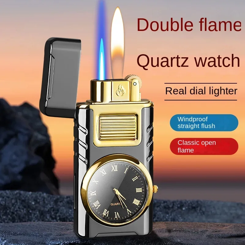 Electroplated Open Flame Direct Sister Jet Double Fire Switching Quartz Watch Metal Grinding Wheel Inflatable Lighter Men's Gift