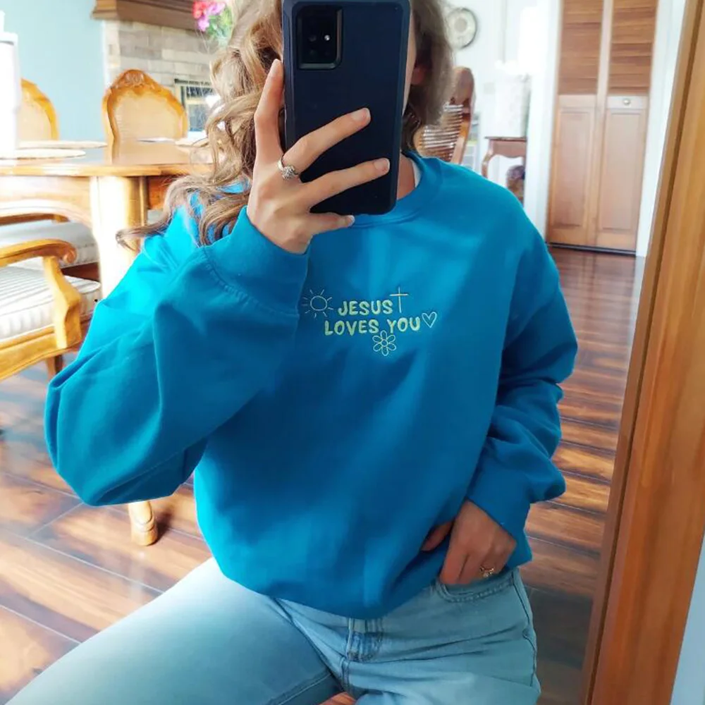 Jesus Loves You Letters Embroidered Vintage Style Casual Sweatshirt Women Blue Loose Cotton Thick Warm Pullover Christian Jumper