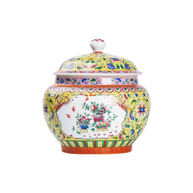 YJQ Jingdezhen ceramic antique-style pastel tea jar with lid, large sealed moisture-proof storage jar