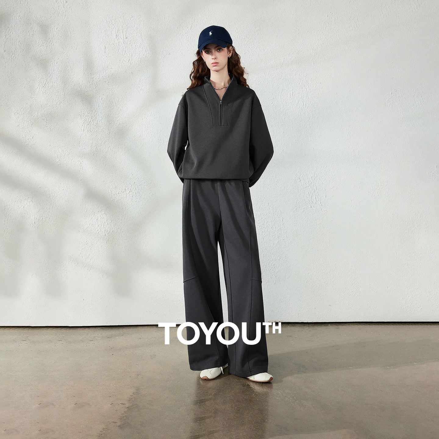TOYOUTH Women 2‑Piece Set 2026 Autumn New Seamed Stand Collar Sweatshirt Wide Leg Casual Pants Retro Sports Outfit