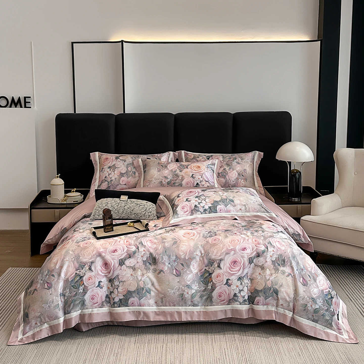 Flowers Print Luxury Queen King Size Bedding Set 600TC Lyocell Cotton Soft Duvet Cover Flat/Fitted Bed Sheet Pillowcases 4Pcs