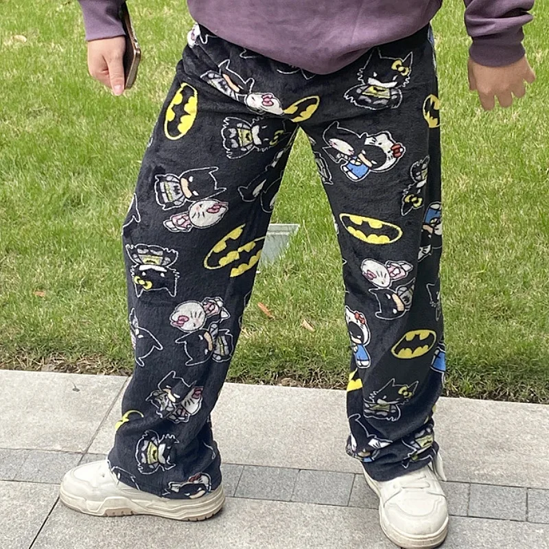 New Sanrio Y2k Autumn Hellokitty Batman Pajama Pants Cartoon Hip Hop Ladies Warm Casual Plush Xmas Style Flannel Cute Pants Gift