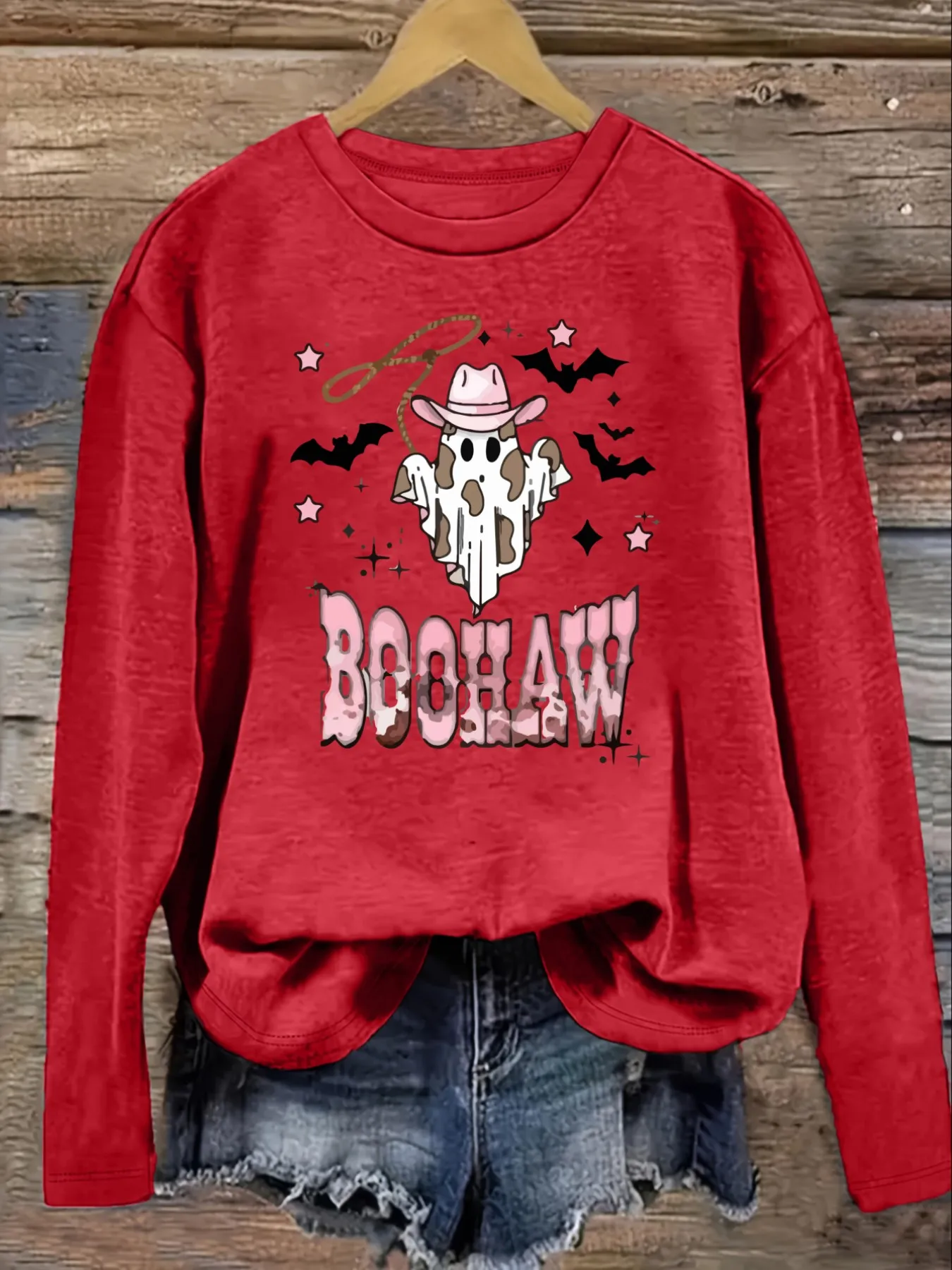 Women's Casual Long Sleeve Crew Neck T-Shirt Cowboy Ghost Boo Haw Print Design, Round Neck Women's Clothing, Machine Washable, Slightly Elastic, Loose Fit, Spring Autumn Winter Women's T-Shirt, Halloween Costume Outfit view 4