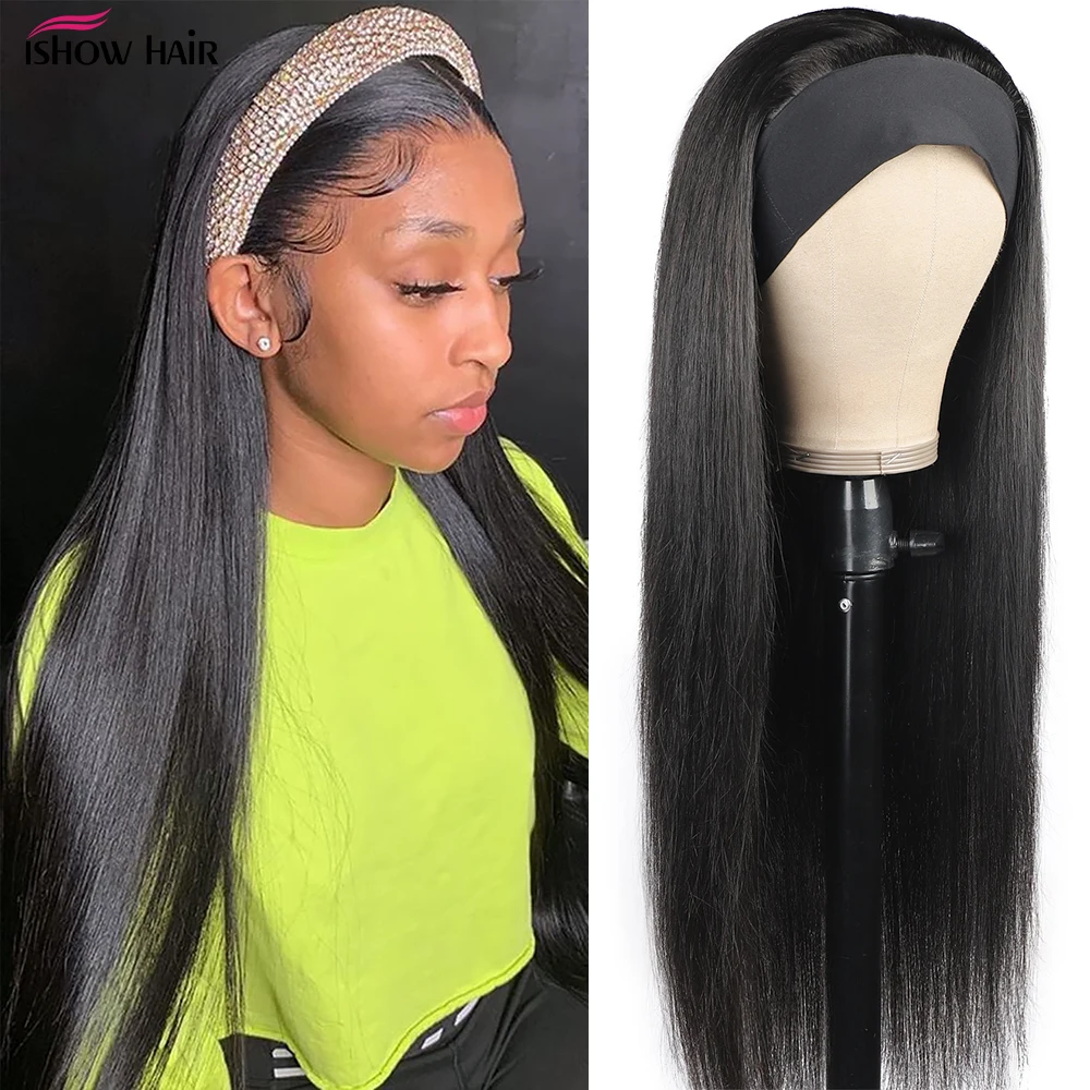 Ishow Headband Wig Human Hair Wigs For Black Women Full Machine Made Wig Brazilian Virgin Bone Straight Hair Scarf Wig