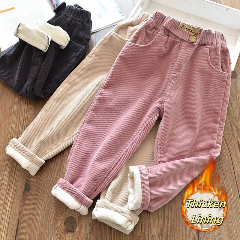 Winter Kids Corduroy Pants Thicken Fleece Lining Solid Color Warm Loose Trousers for 2-7Y Boys and Girls