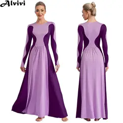 Women Modern Lyrical Praise Dance Dress Church Choir Liturgical Worship Costume Long Sleeve Color Block Maxi Gown Dancewear