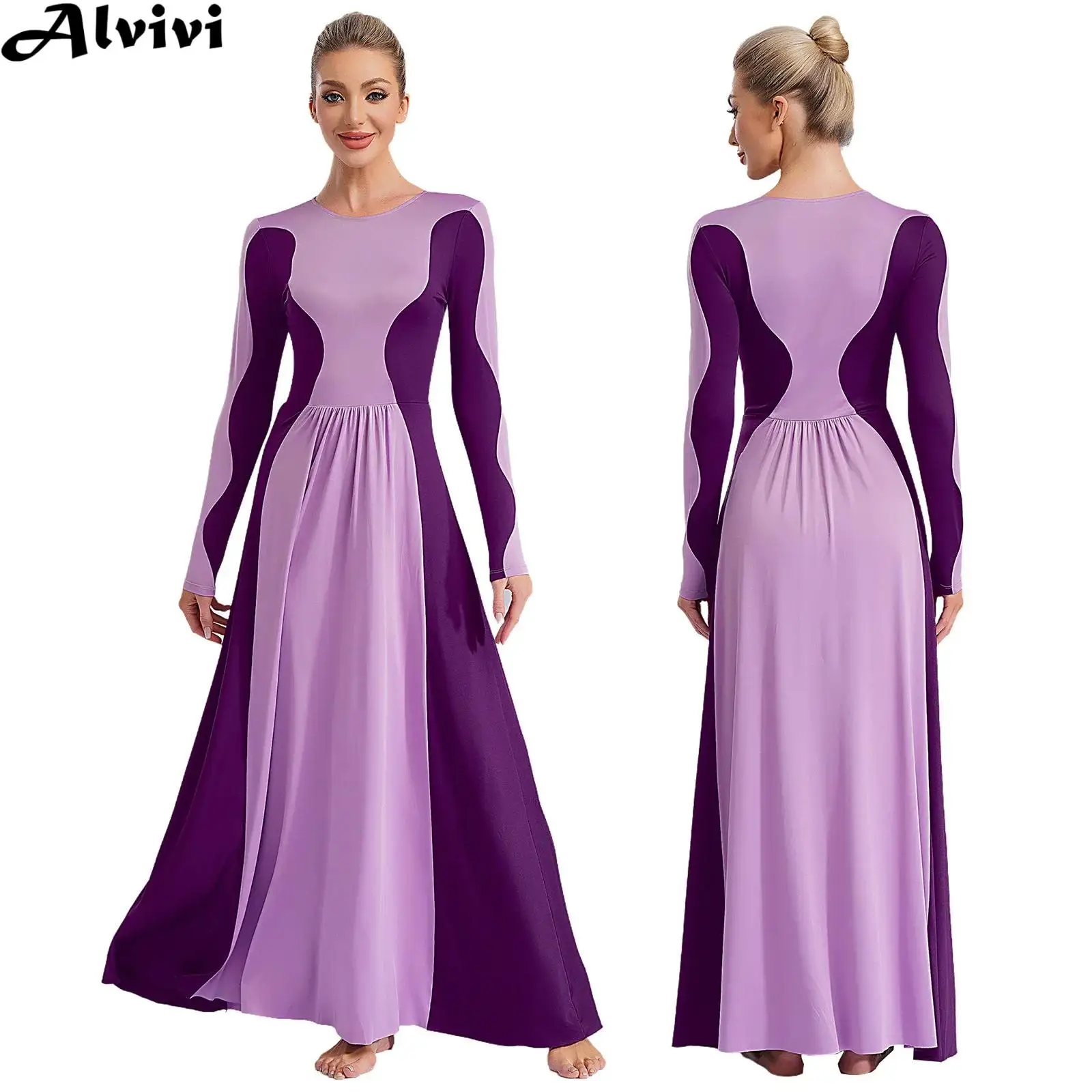 Women Modern Lyrical Praise Dance Dress Church Choir Liturgical Worship Costume Long Sleeve Color Block Maxi Gown Dancewear