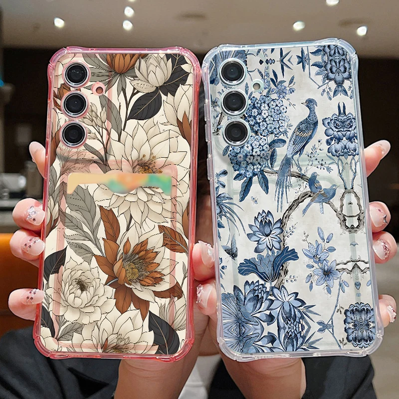 Floral Card Slot Case For Samsung S26 Ultra S25 FE S24 Plus S23 S22 S21 A15 A16 A17 A35 A36 A37 A54 A55 A56 A57 5G Card Cover
