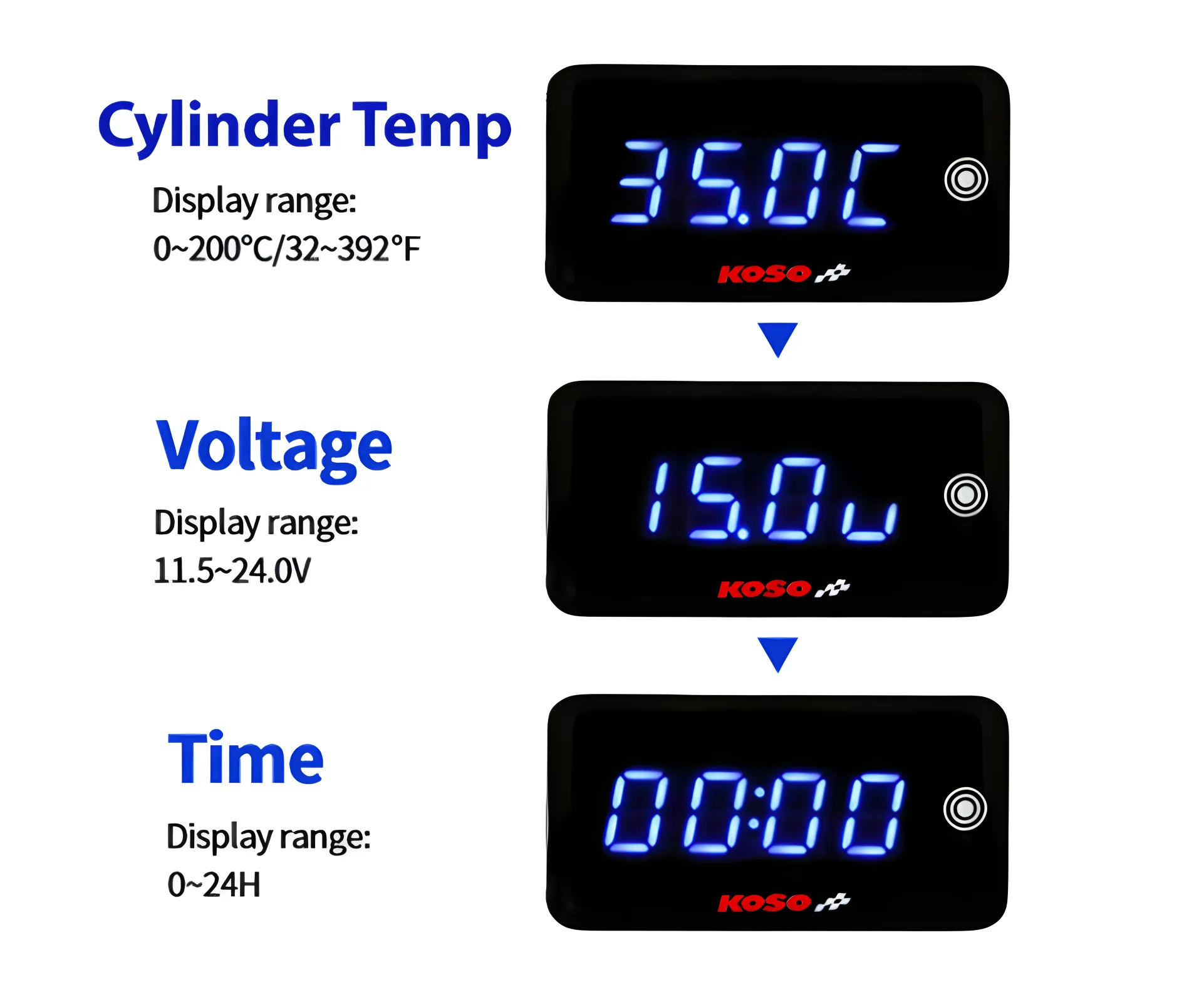 KOSO cylinder head temperature gauge Motorcycle Universal cylinder Temp voltage time  mini 3 in 1 Gauges  LCD Digital Screen