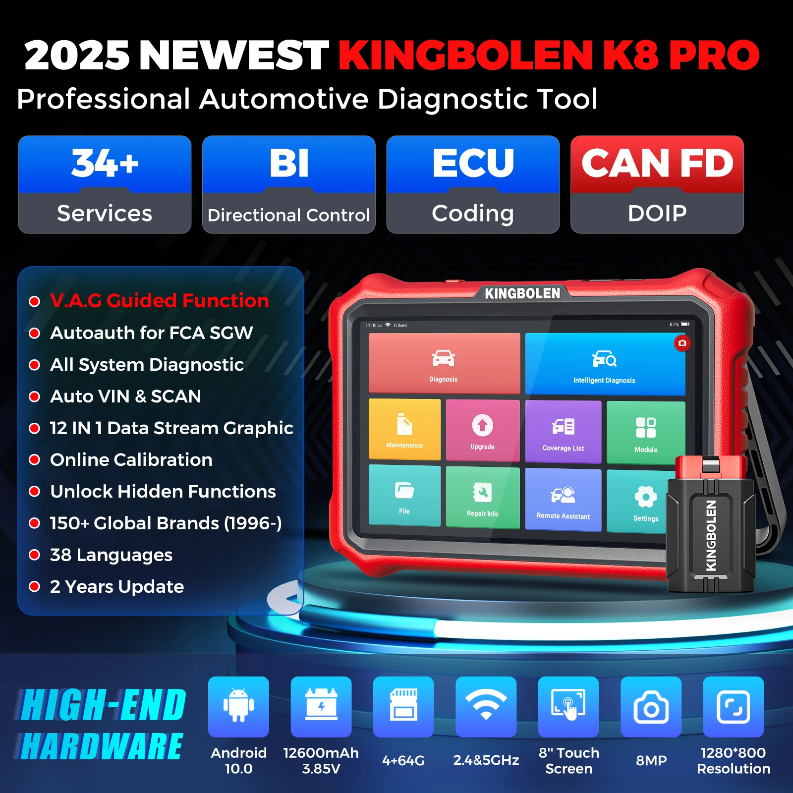 2025 Ver KINGBOLEN K8 PRO آلة التشخيص لجميع السيارات 34+ إعادة تعيين وحدة التحكم الإلكترونية الترميز جميع النظام Obd2 أداة تشخيصية مخصصة