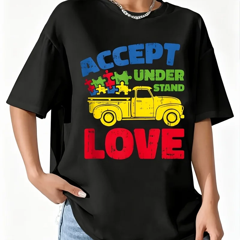 Accept Understand Love Women's 100% Cotton T-Shirt Short Sleeve Top Casual Round Neck Fun Print Tee S-5Xl