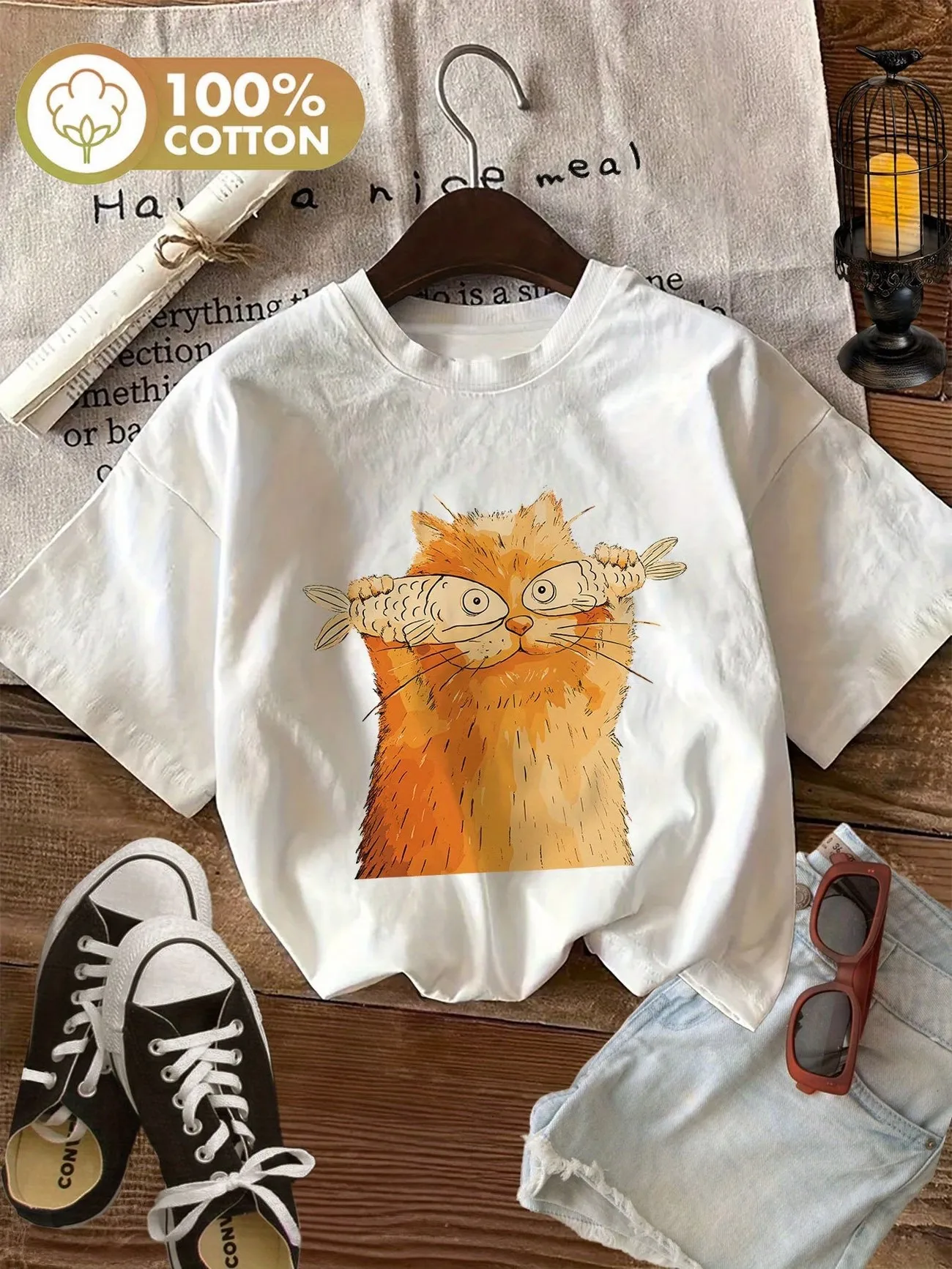 Funny Kawaii Cat with Fish 100% Cotton Women's Retro Print T-Shirt Soft Crew Neck Short Sleeve Top Harajuku Shirt