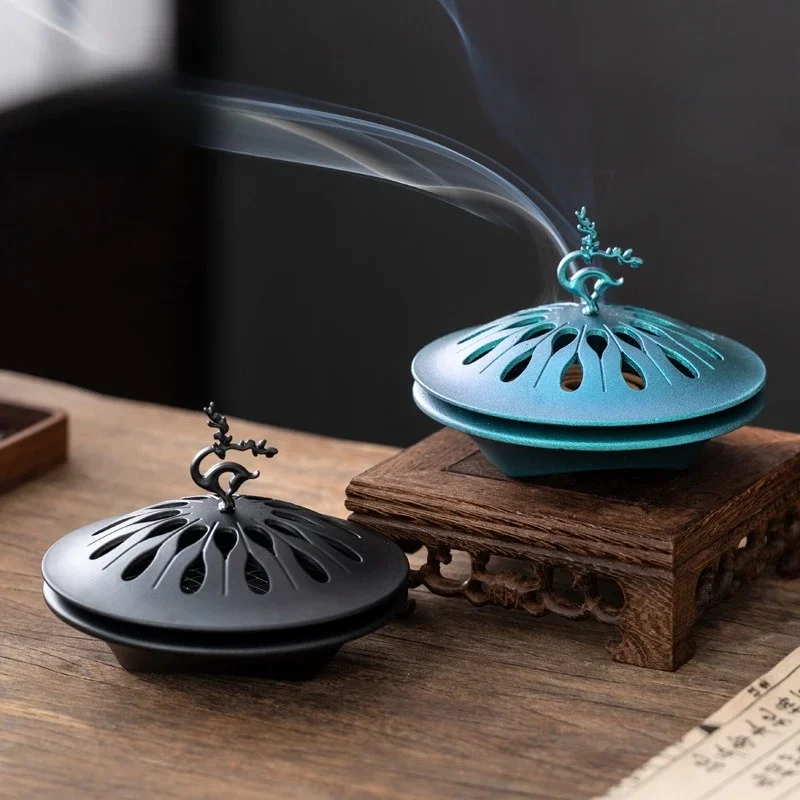 Lucky Deer Zinc Alloy Backflow Incense Holder Retro Hollow Incense Burner Home Tea Room Fragrance Censer Desktop Aromatherapy Or