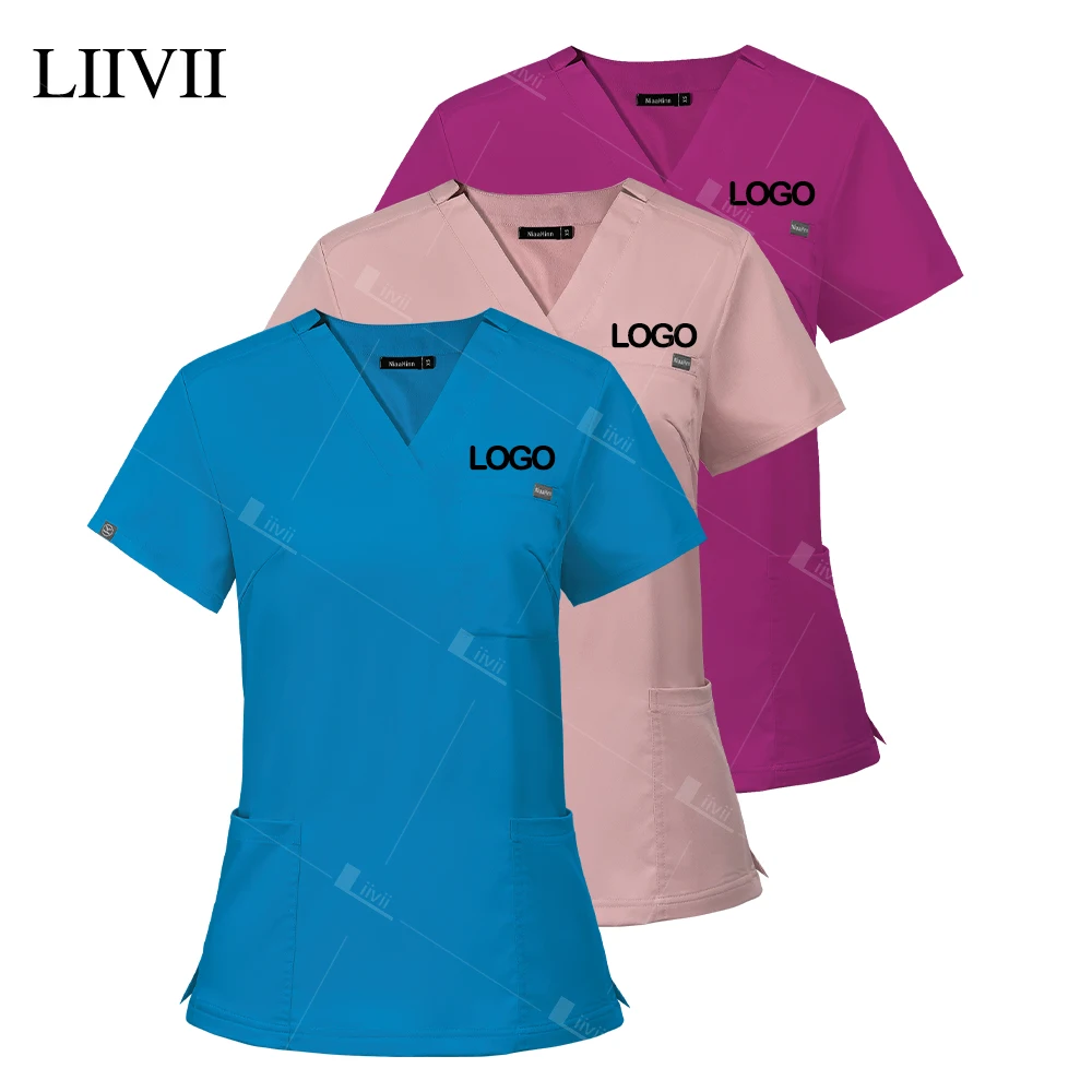 Fashion Scrubs Blouse Hospital Uniforms Nurse Tops Solid Color Surgical T-shirt Pocket V-neck Scrubs Uniforms Doctor Accessories