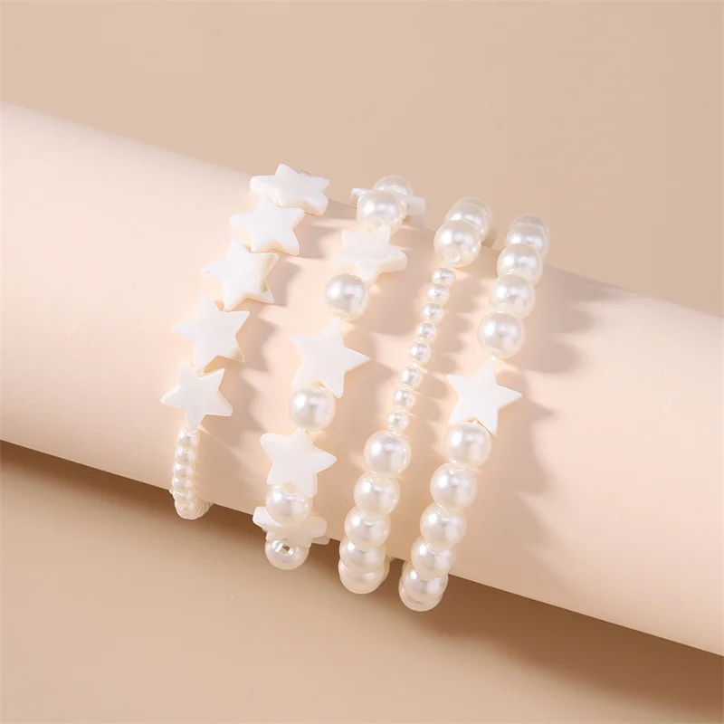 4-teiliges Set Modische Handgefertigte Imitationsperlen-Stern-Perlen-Armbänder für Frauen und Mädchen, Party- und Festivalschmuck, Geschenke – Detail 2