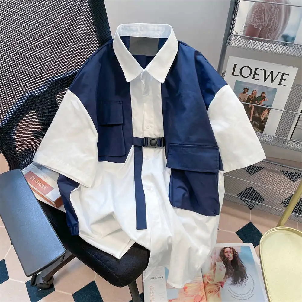 

Women's Patchwork Oversize Shirts Blouses Y2k 90s Japanese Street Fashion Vintage Harajuku 2000s Short Sleeve Polo Shirt Clothes