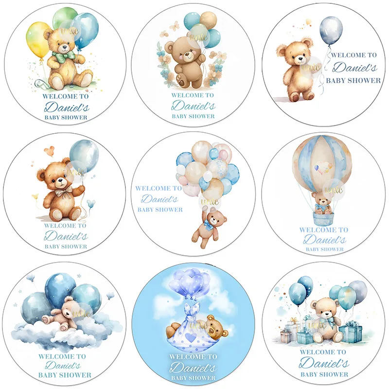 100pcs Cute Teddy Bear Decor Welcome Baby Boy Girl Custom Bear Sticker Baby Shower Birthday Baptism Label Stickers Personalized