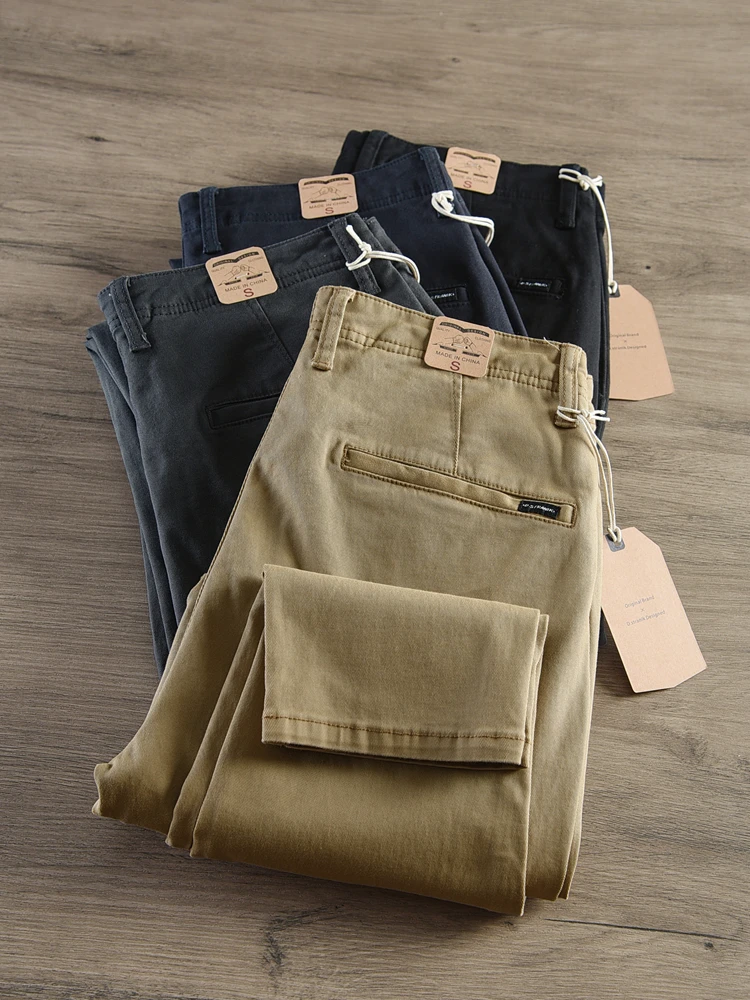 2024 Spring Autumn New American Retro Woven Twill Tapered Pants Men\'s Simple 85% Cotton Washed Casual Chino Trousers Over Size
