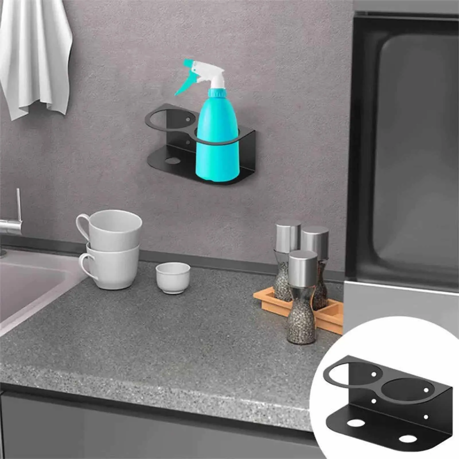 Home Metal Wall Mounted Bracket Organizer 1/2/3 Hole Canister Spray Bottle Holder Storage Rack Black Wall Mounted Organizer