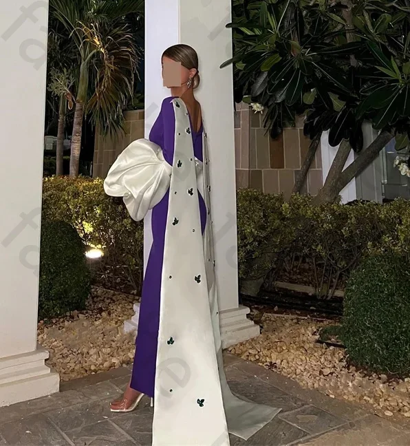 Robes De Soirée violettes élégantes personnalisées, châle blanc, Robe De bal formelle arabe, col en V, manches bouffantes