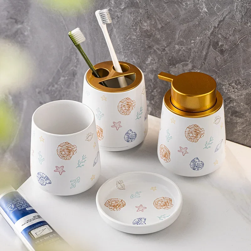 Nordic small fresh ceramic bathroom toiletries set, home mouthwash cup set, bathroom supplies ornament four-piece set