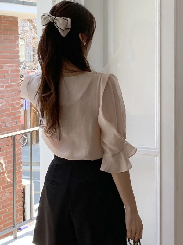 

Летняя женская свободная повседневная удобная блузка с v-образным вырезом и кружевной отделкой, прозрачный модный топ