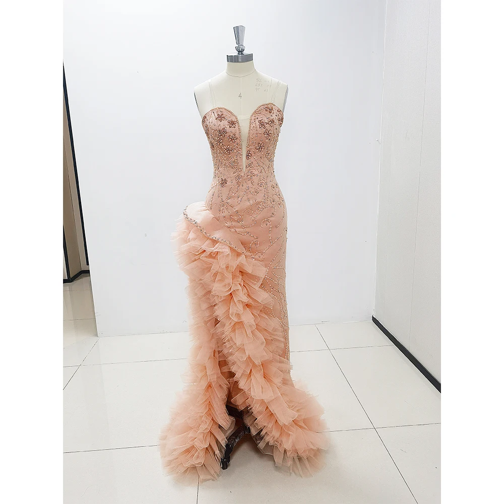 Aso Ebi-Robes de Rhsirène champagne blush, volants perlés kly, fente haute, chérie arabe, robe de soirée, occasion, Rotterdam, 2025