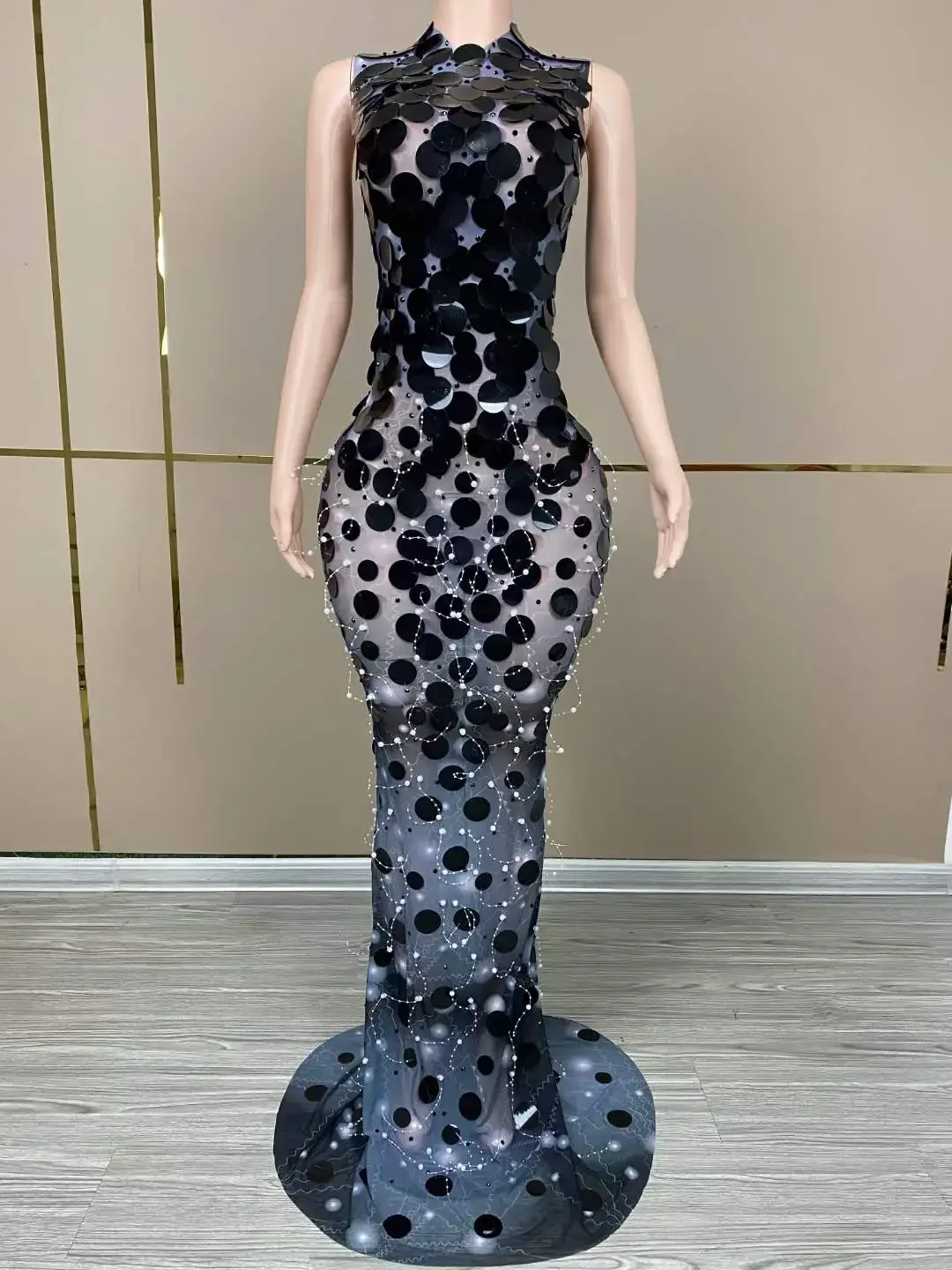 

Singer Goddess Women Sparkly Sleeveless Floor Length Round Sequins Stretch Dress