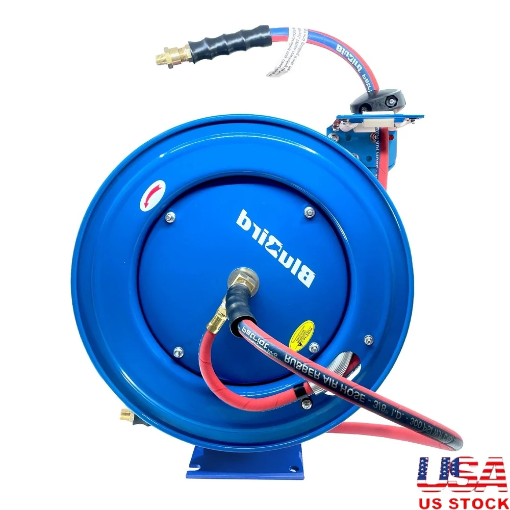 

Heavy Duty 3/8 Inch x 50 Feet Air Hose Reel with Kink Resistant Rubber Hose Adjustable Guide Arm and Durable Steel Construction