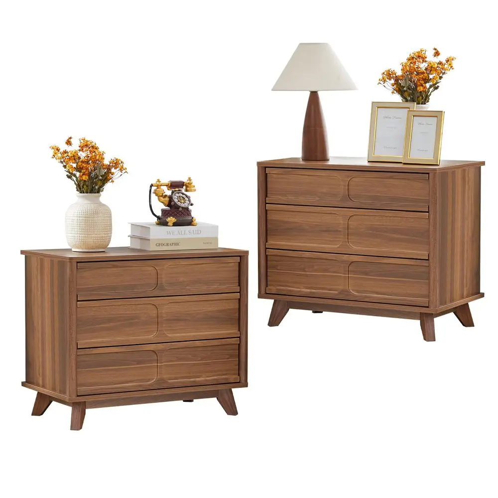 Drawer Dresser for Bedroom, Mid Century Modern Chest of Drawers, Wood Wide Nightstand Set of 2 for Bedroom Living Room Walnut 2P