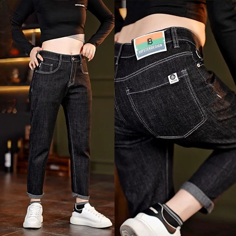 

Высококачественные повседневные джинсы из черного денима для мужчин, весенне-осенние, модные, корейский стиль, эластичные, облегающие, укороченные брюки (9/10 длины)